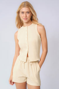 Minimalist Button-Up Tank Top & Drawstring Waist Shorts Co-ord - Beige