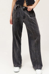 Street Mid-Rise Adjustable Button Lines Modify Wide Leg Jeans - CHARCOAL