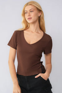 Elegant Solid Color V Neck Short Sleeve Side Drawstring Slim Top - Pink