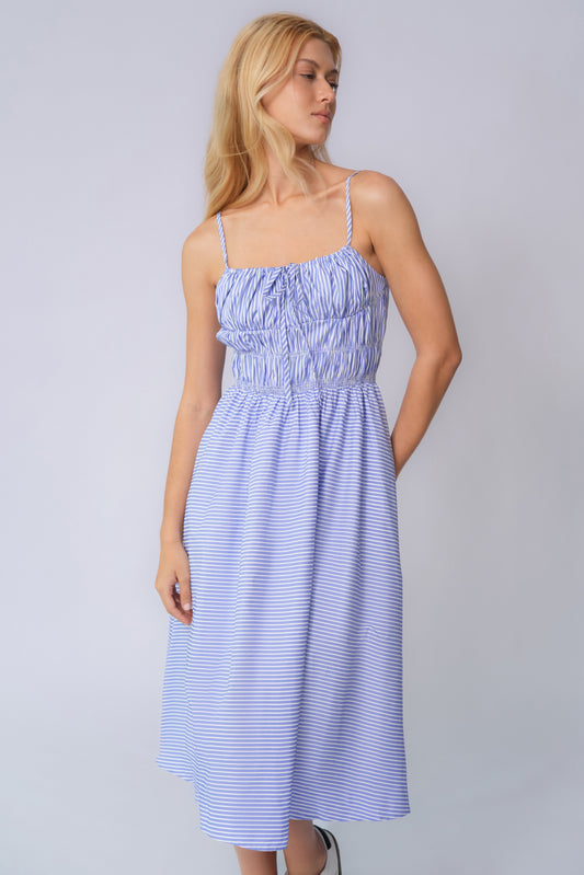 Casual Spaghetti Strap Front Tie Ruched Stripe Maxi Dress - Pink