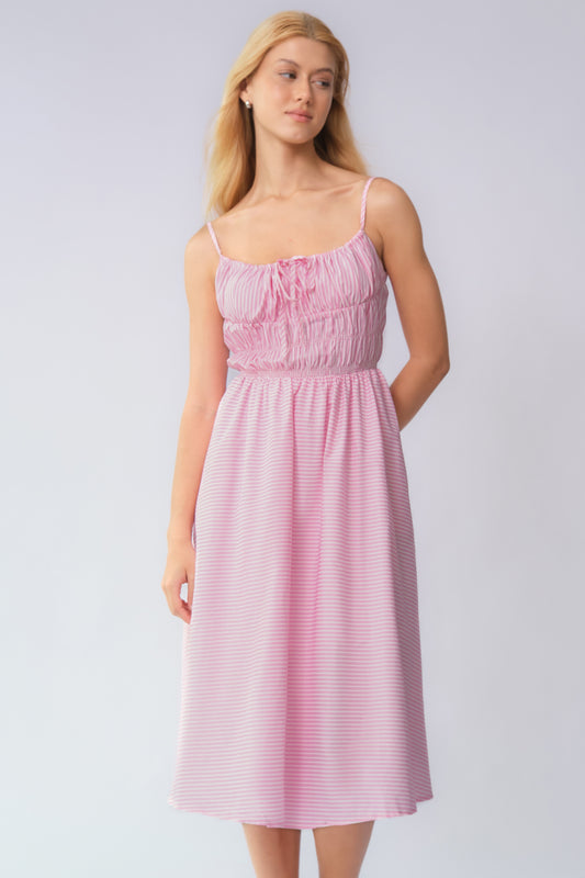 Casual Spaghetti Strap Front Tie Ruched Stripe Maxi Dress - Pink