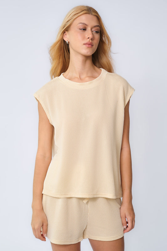 Pinstripe Cap Sleeve Loose Top & Drawstring Decor Shorts Co-ord - Beige