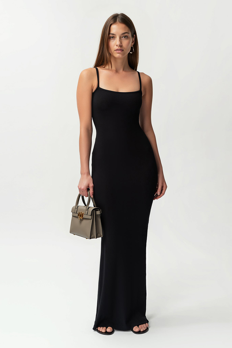 Elegant Solid Color Adjustable Strap Thin Waist Stretch Maxi Dress - Grey