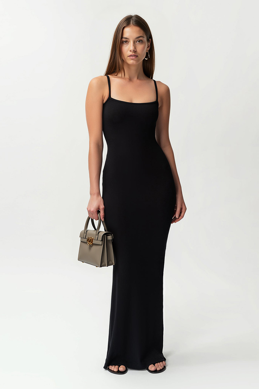 Elegant Solid Color Adjustable Strap Thin Waist Stretch Maxi Dress - Grey