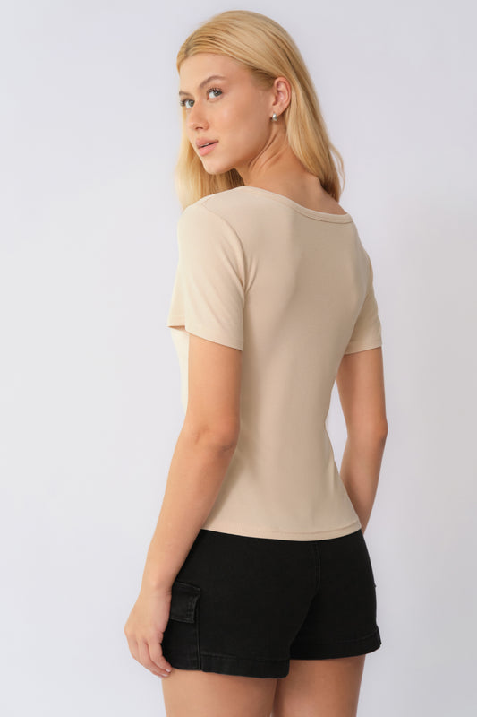 Basic Solid Color Button Square Neck Slim Short Sleeve Top - Beige 2