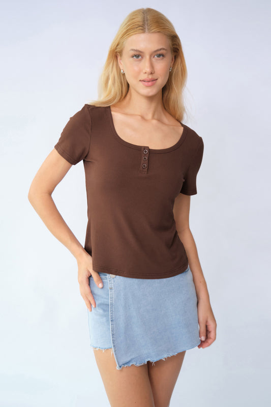Basic Solid Color Button Square Neck Slim Short Sleeve Top - Beige