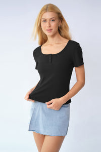 Basic Solid Color Button Square Neck Slim Short Sleeve Top - Black