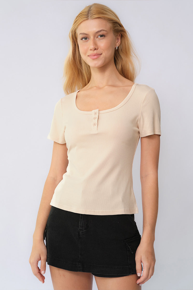 Basic Solid Color Button Square Neck Slim Short Sleeve Top - Black