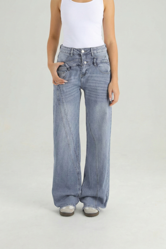 PHEFEE Street Style Versatile High Waist Wide Leg Stretch Jeans - DENIMBLUE