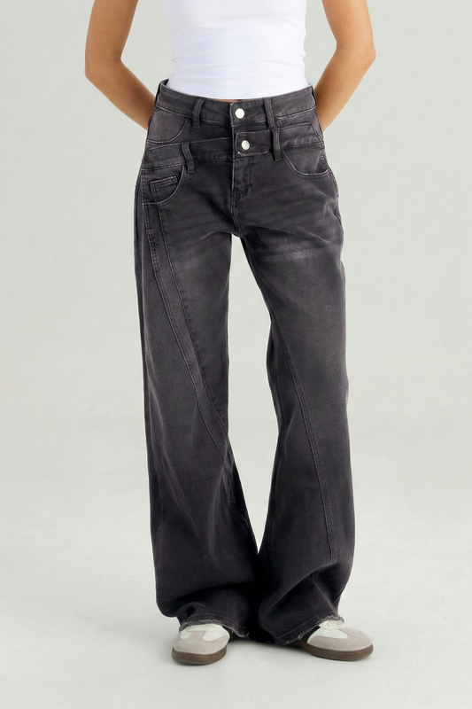 PHEFEE Street Style Versatile High Waist Wide Leg Stretch Jeans - CHARCOAL