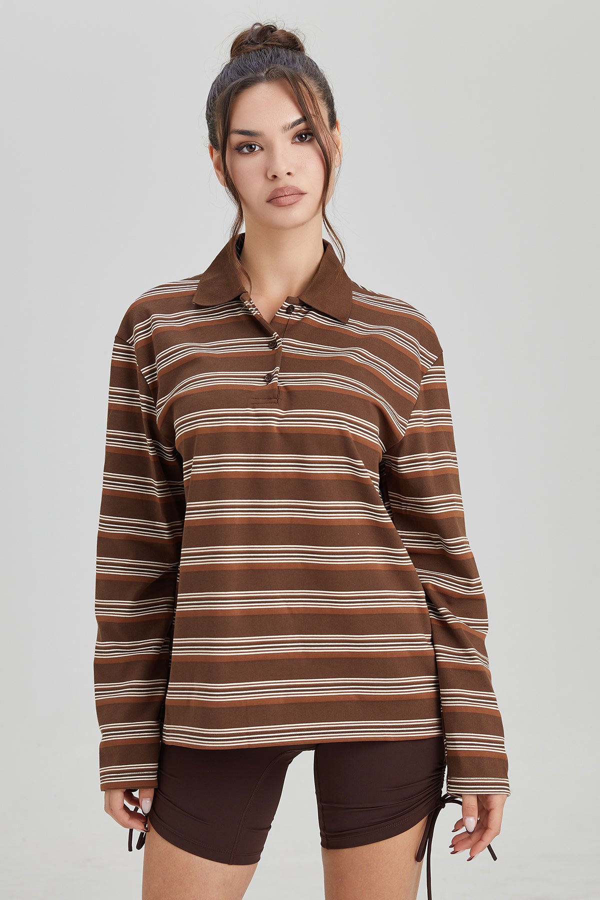 PHEFEE Comfort Contrast Stripe Partial Button Loose Long Sleeve Polo Top - Coffee
