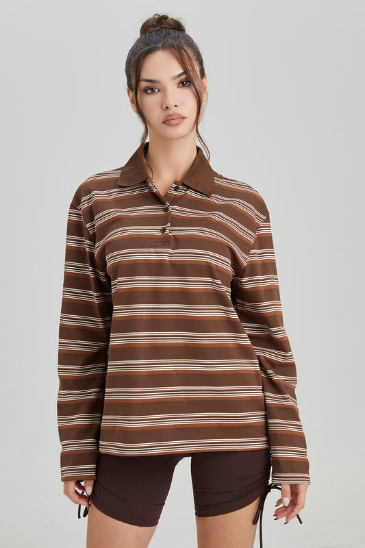 PHEFEE Comfort Contrast Stripe Partial Button Loose Long Sleeve Polo Top - Coffee