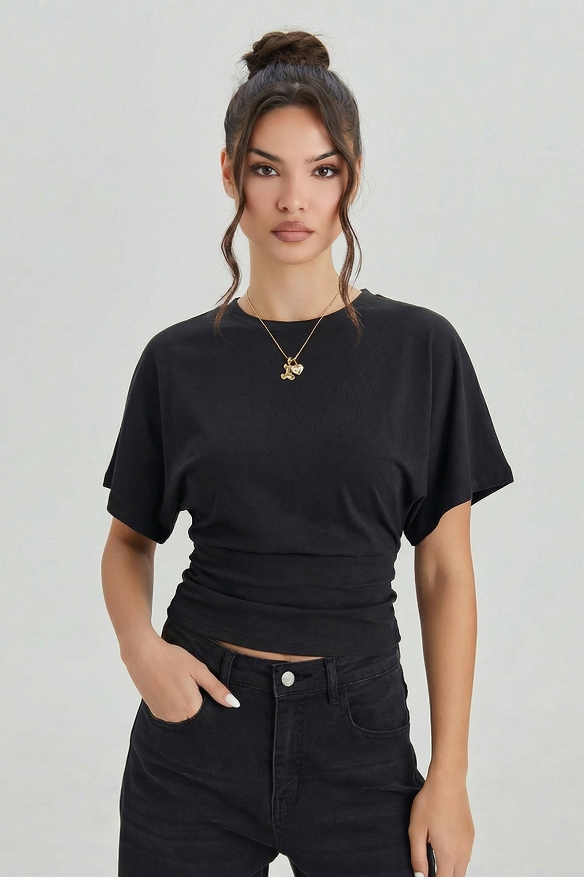 PHEFEE Versatile Solid Color Crewneck Batwing Sleeve Cinched Waist Soft Top - White