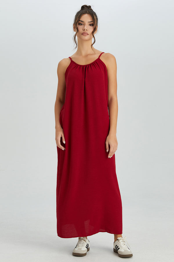 PHEFEE Women's Breezy Solid Color Thin Strap Ruched Low Back Loose Maxi Dress, Elegant Adjustable Tie Backless Dress, Summer Sleeveless Women's Clothing for Beach - Burgundy