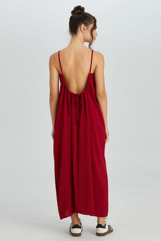 PHEFEE Women's Breezy Solid Color Thin Strap Ruched Low Back Loose Maxi Dress, Elegant Adjustable Tie Backless Dress, Summer Sleeveless Women's Clothing for Beach - Burgundy