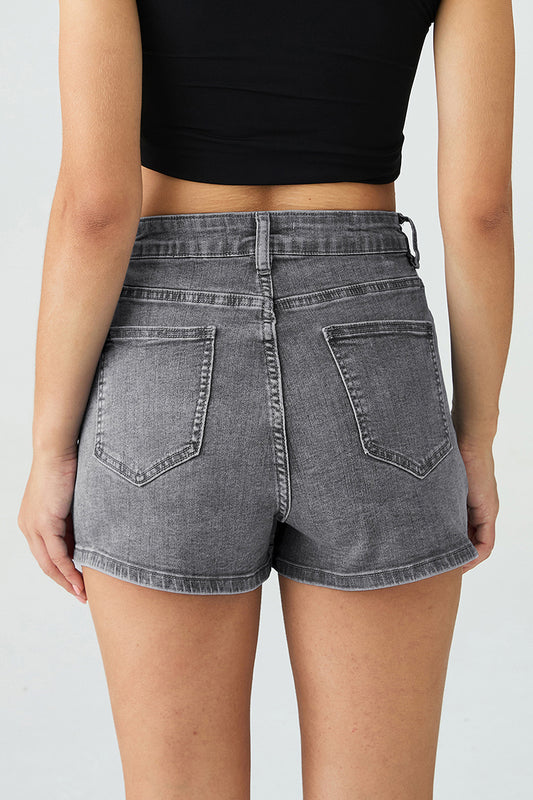 PHEFEE Women's Classy Mid-Rise Asymmetric Button Denim Skorts, Vintage Street Womenswear, Cozy Spring & Summer Outfits, Versatile Women's Bottom - Washed Blue