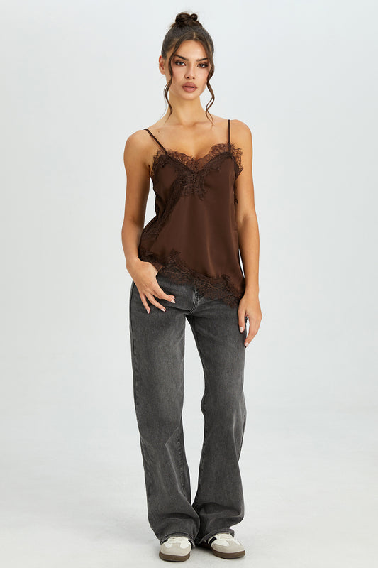 PHEFEE Chic Lace Series Solid Color Thin Strap Sloping Hemline Top - Coffee(Top)
