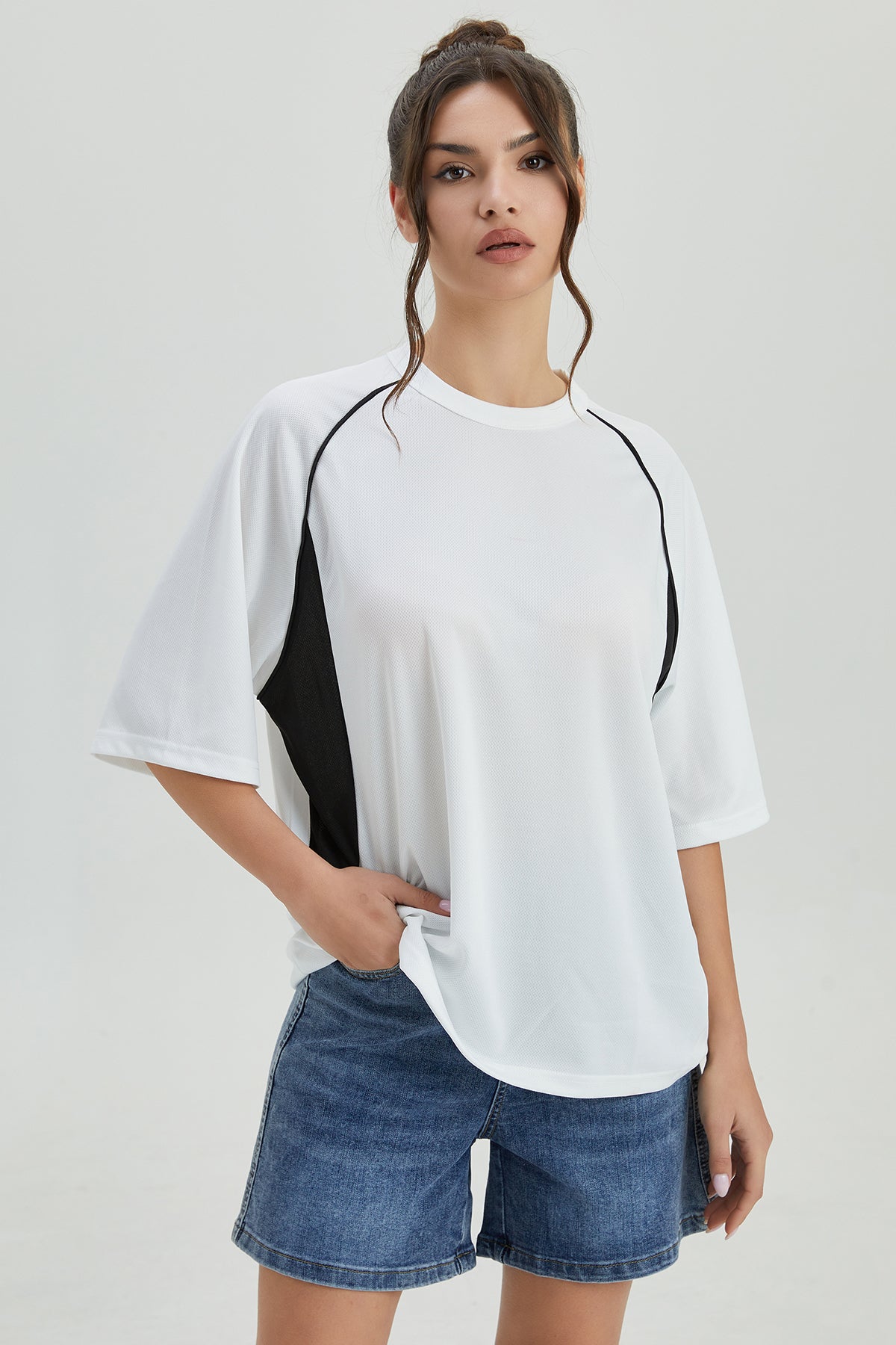 PHEFEE Athleisure Breathable Contrast Stripe Round Neck Short Sleeve Top - White