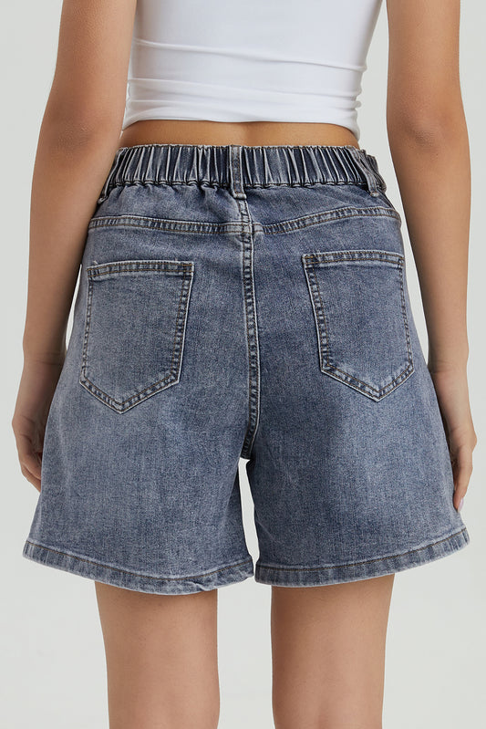 PHEFEE Women's Chic High Waist Adjustable Button Multi-Pocket Denim Shorts, Versatile Women's Stretch Bottom, Street Womenswear, Chic Bermuda Shorts - Washed Blue