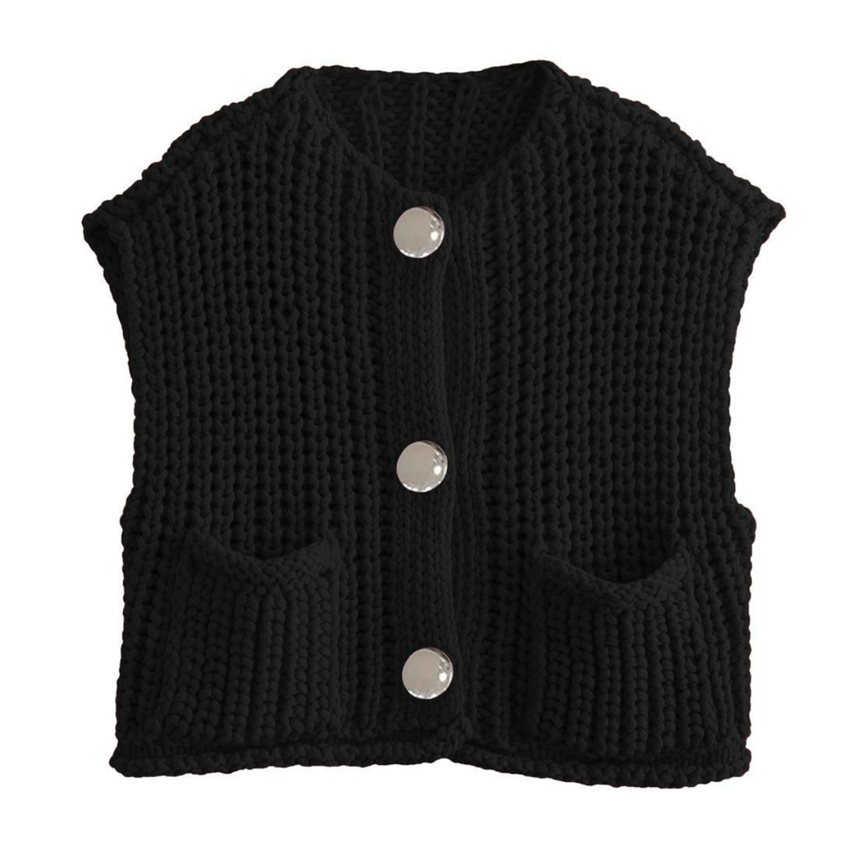 PHEFEE Women's Slouchy Solid Color Knit Cap Sleeve Button Short Cardigan,Fall & Spring Outerwear,Fashion Ladies' Knit Clothing for Daily Wear - Black