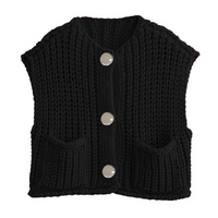PHEFEE Women's Slouchy Solid Color Knit Cap Sleeve Button Short Cardigan,Fall & Spring Outerwear,Fashion Ladies' Knit Clothing for Daily Wear - Black