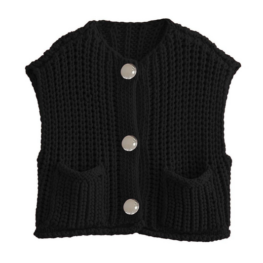 PHEFEE Women's Slouchy Solid Color Knit Cap Sleeve Button Short Cardigan,Fall & Spring Outerwear,Fashion Ladies' Knit Clothing for Daily Wear - Black