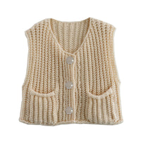 PHEFEE Women's Slouchy Solid Color Knit Cap Sleeve Button Short Cardigan,Fall & Spring Outerwear,Fashion Ladies' Knit Clothing for Daily Wear - Dark Beige