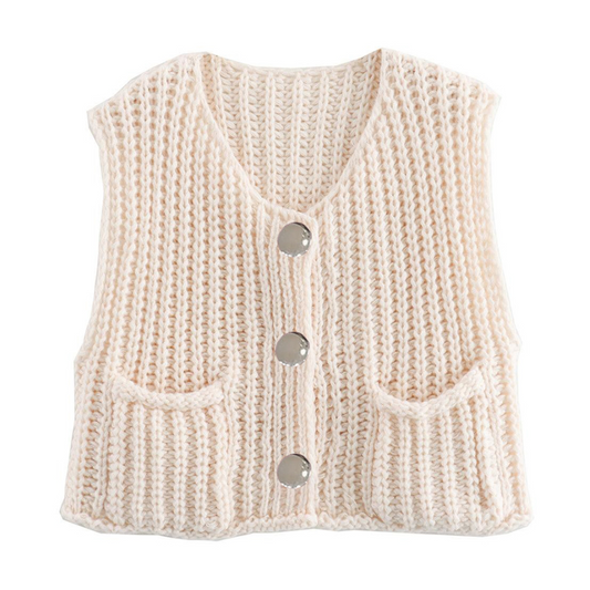 PHEFEE Women's Slouchy Solid Color Knit Cap Sleeve Button Short Cardigan,Fall & Spring Outerwear,Fashion Ladies' Knit Clothing for Daily Wear - Beige