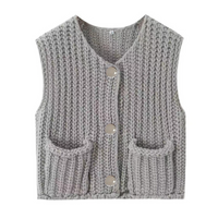 PHEFEE Women's Slouchy Solid Color Knit Cap Sleeve Button Short Cardigan,Fall & Spring Outerwear,Fashion Ladies' Knit Clothing for Daily Wear - Grey