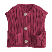 PHEFEE Women's Slouchy Solid Color Knit Cap Sleeve Button Short Cardigan,Fall & Spring Outerwear,Fashion Ladies' Knit Clothing for Daily Wear - Burgundy