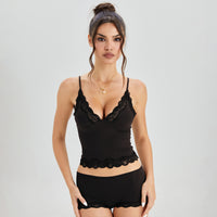 PHEFEE Women's Chic Lace Series Spaghetti Strap Lace Trim Wirefree Breathable Bralette & Panties Set, Minimalist Underwear Set, Two Piece Outfits - Black
