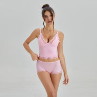 PHEFEE Women's Chic Lace Series Spaghetti Strap Lace Trim Wirefree Breathable Bralette & Panties Set, Minimalist Underwear Set, Two Piece Outfits - Pink