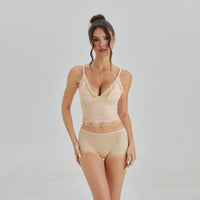 PHEFEE Women's Chic Lace Series Spaghetti Strap Lace Trim Wirefree Breathable Bralette & Panties Set, Minimalist Underwear Set, Two Piece Outfits - Beige