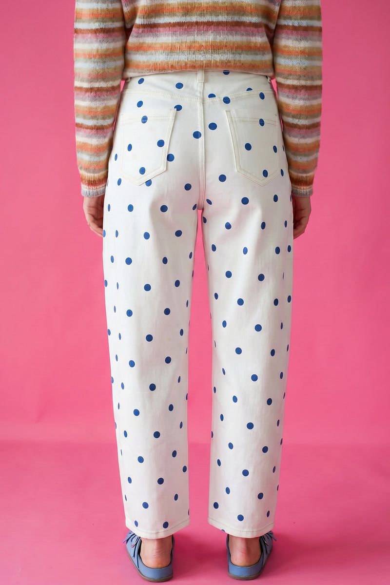 Blue Tailored Seam Polka Dot Print Barrel Casual Jeans