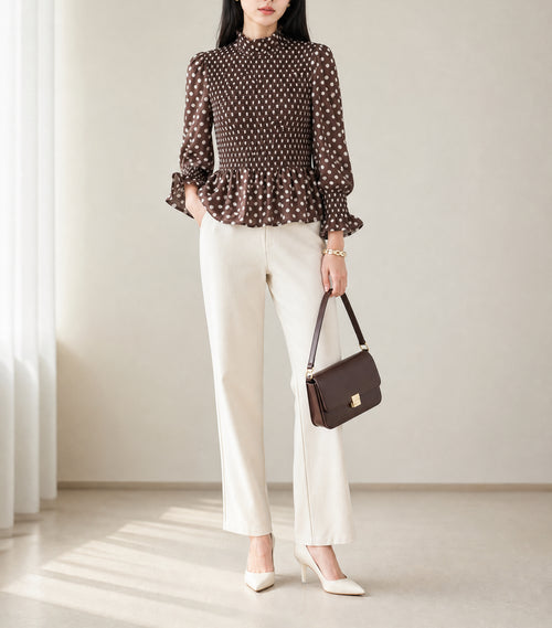 Brown Polka Dot Ruffled High Neck Shirred Ruffle Hem Blouse
