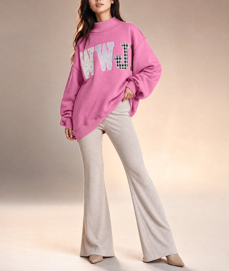 Gray WWJD Mixed Pattern Embroidered Patch Graphic Mock Neck Sweatshirt