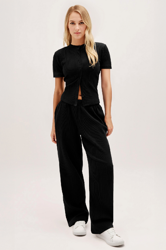 Casual Short Sleeve Button Slim Top & Wide Leg Trousers Co-ord - Black