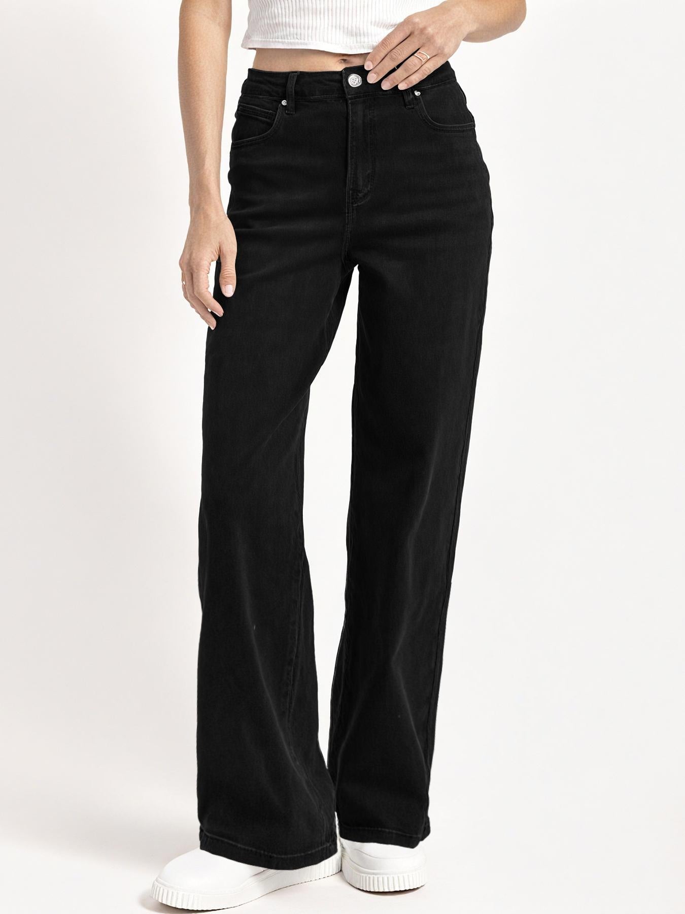 PHEFEE Women's Versatile High Waist Exposed Stitches Slightly Flared Jeans, Minimalist Wide Leg Trousers, Streetwear Outfits, Cozy Fall Outfits Bottom - Black