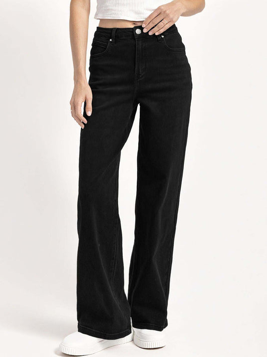 Casual Mid-Rise Denim Multi-Pocket Wide Leg Jeans - Black