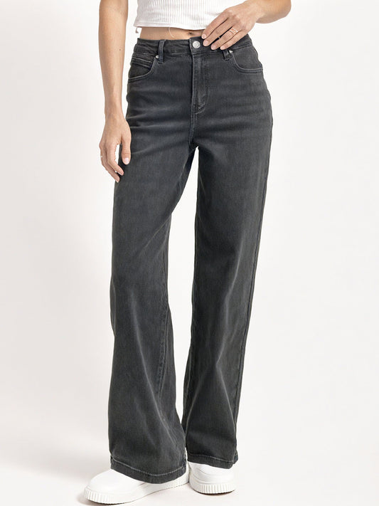 Casual Mid-Rise Denim Multi-Pocket Wide Leg Jeans - Charcoal