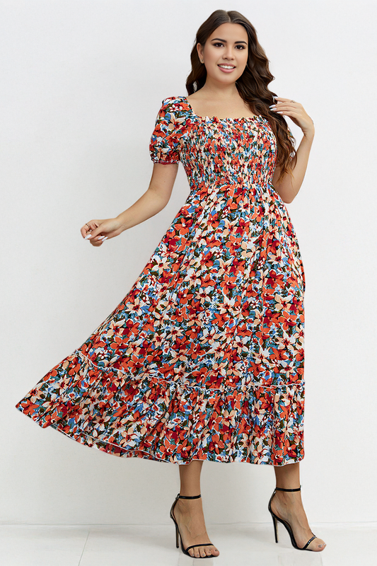 Airy Allover Floral Print Scoop Neck Short Sleeve Pleated Maxi Dress - BLACK