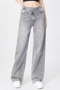 Asymmetrical High-Waist Multi-Pocket Wide-Leg Jeans, Street Style - LightGrey