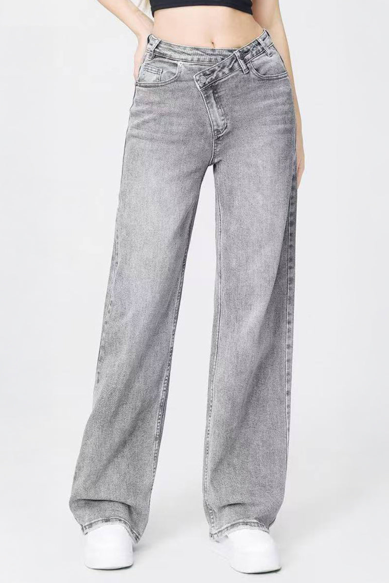 Asymmetrical High-Waist Multi-Pocket Wide-Leg Jeans, Street Style - LightGrey