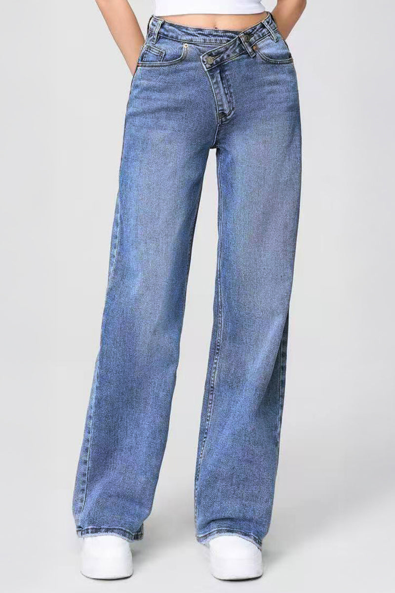 Asymmetrical High-Waist Multi-Pocket Wide-Leg Jeans, Street Style - Sky Blue