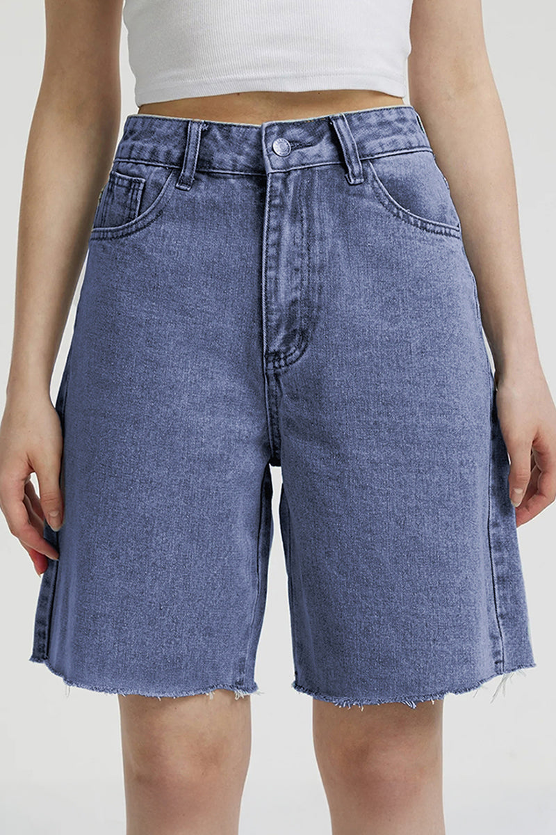 Classy Mid-Rise Tassel Hem Baggy Denim Shorts - WASHEDBLUE