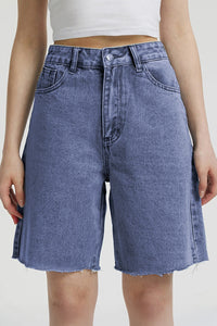 Classy Mid-Rise Tassel Hem Baggy Denim Shorts - WASHEDBLUE