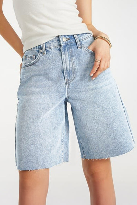Classy Mid-Rise Tassel Hem Baggy Denim Shorts - LIGHTBLUE