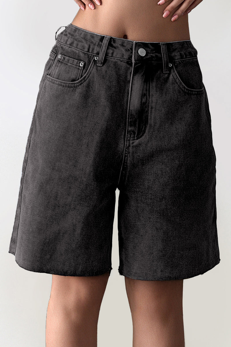 Classy Mid-Rise Tassel Hem Baggy Denim Shorts - CHARCOAL