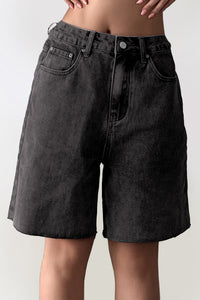Classy Mid-Rise Tassel Hem Baggy Denim Shorts - CHARCOAL