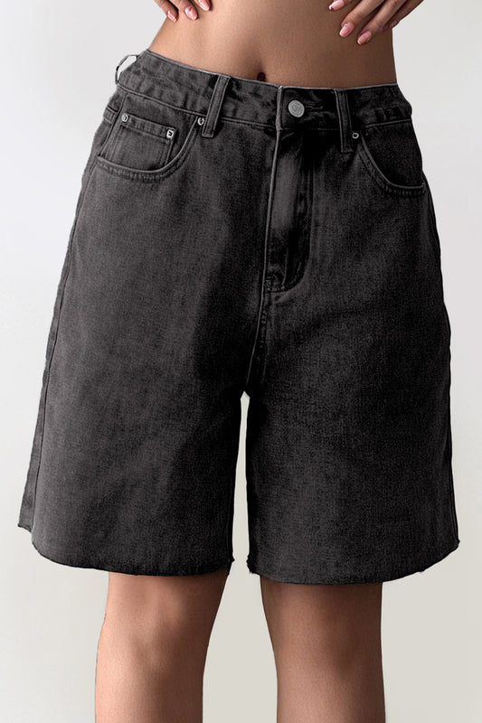 Classy Mid-Rise Tassel Hem Baggy Denim Shorts - CHARCOAL